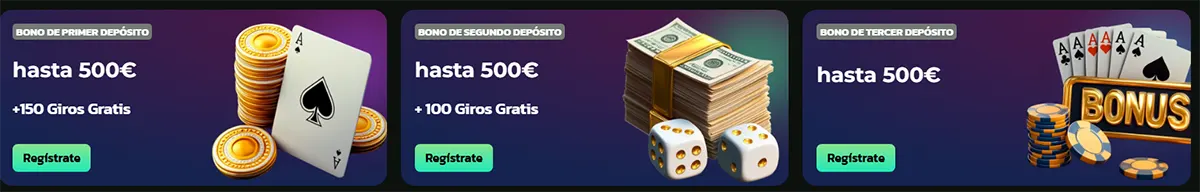 Three online casino bonus cards in Spanish showing deposit offers: first deposit bonus up to €500 with 150 free spins (coins and ace card), second deposit bonus up to €500 with 100 free spins (stack of cash and dice), and third deposit bonus up to €500 (poker cards and bonus chips), each with a “Registrate” call-to-action button.