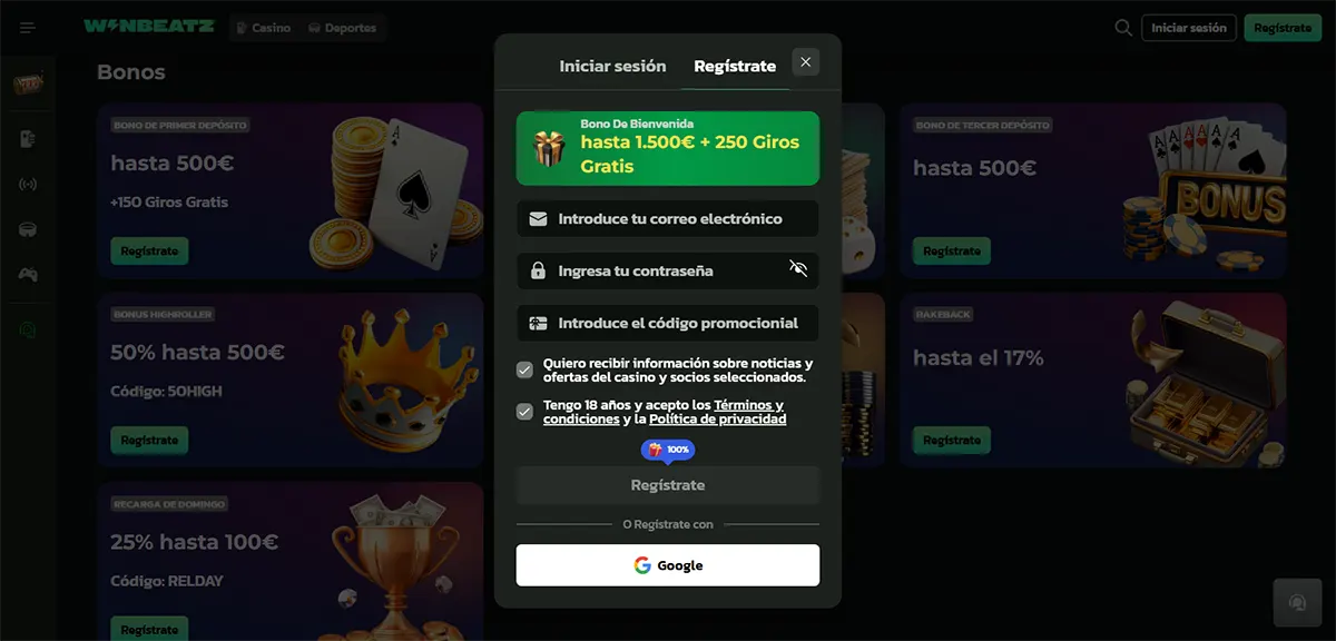 Spanish registration pop-up for an online casino showing a welcome bonus of up to €1,500 plus 250 free spins, with fields for email, password, promo code, consent checkboxes, and a Google sign-up option.